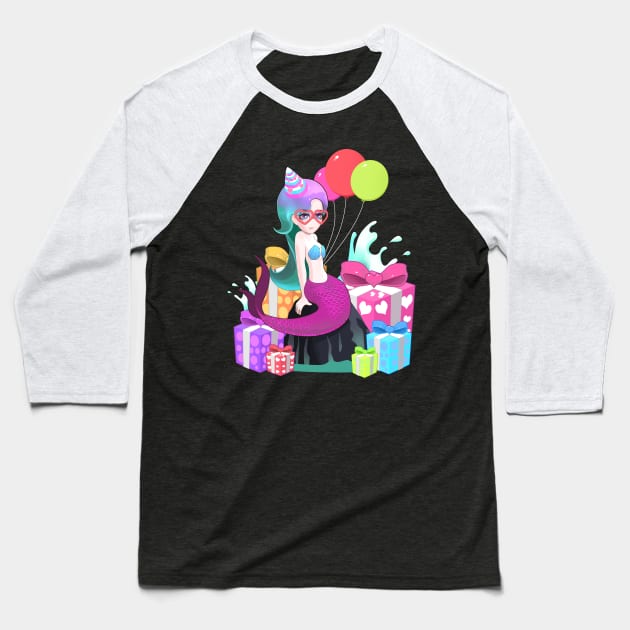 Cute Colorful Mermaid With Party Hat Birthday Baseball T-Shirt by TheBeardComic